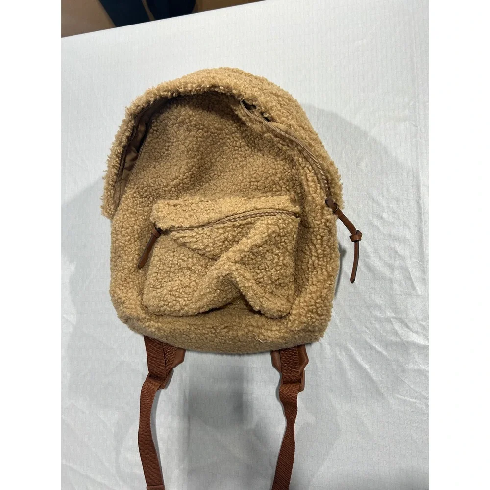 Sonoma Goods for Life Tan Sherpa Fleece‎ Backpack Faux Leather Trim Brown Bag